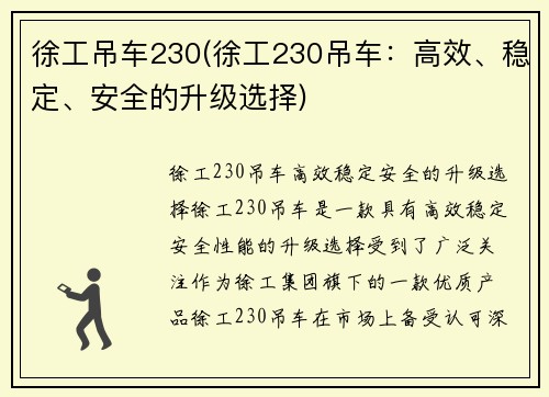 徐工吊车230(徐工230吊车：高效、稳定、安全的升级选择)