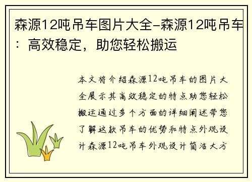 森源12吨吊车图片大全-森源12吨吊车：高效稳定，助您轻松搬运