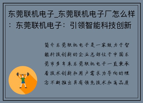 东莞联机电子_东莞联机电子厂怎么样：东莞联机电子：引领智能科技创新