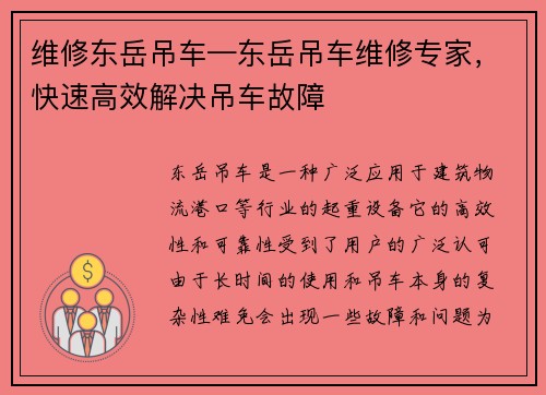 维修东岳吊车—东岳吊车维修专家，快速高效解决吊车故障